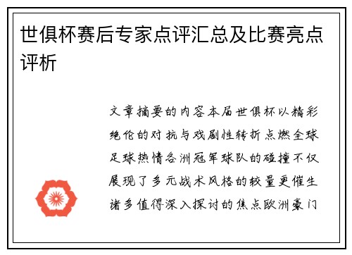 世俱杯赛后专家点评汇总及比赛亮点评析