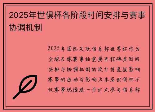 2025年世俱杯各阶段时间安排与赛事协调机制