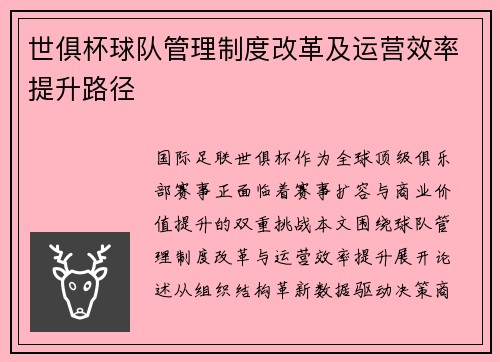 世俱杯球队管理制度改革及运营效率提升路径