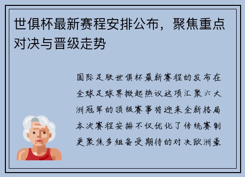 世俱杯最新赛程安排公布，聚焦重点对决与晋级走势